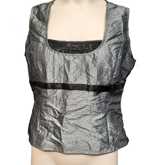 Vintage 90s Sleeveless Corset Top Juniors 13 Silver Black Trim Bow Lace Up - Picture 2 of 11